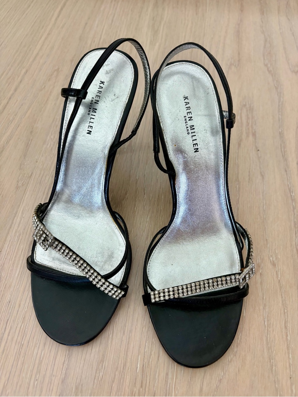 Karen Millen Black Slingback Heels with Crystal-Embellished Strap